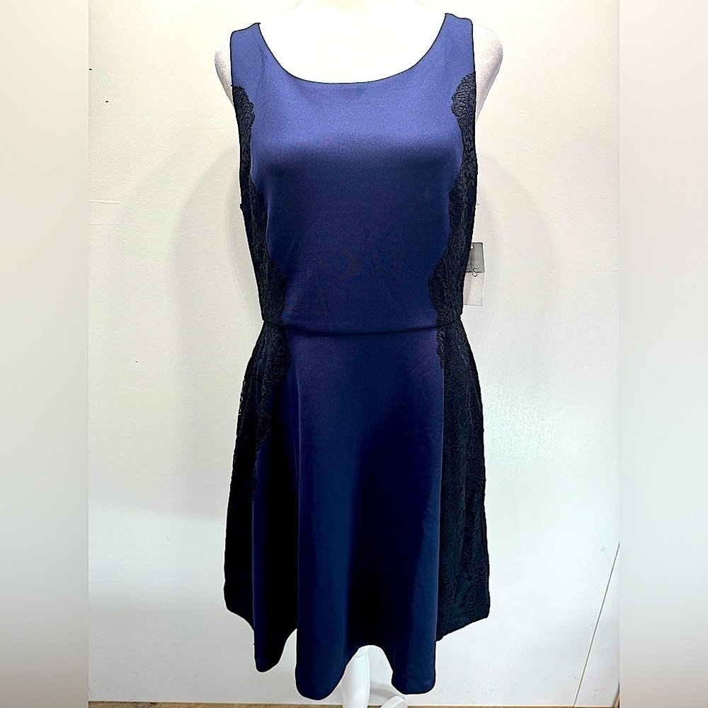 Jessica Simpson Navy Blue A Line Sleeveless Tank Dress with Black Lace Sides